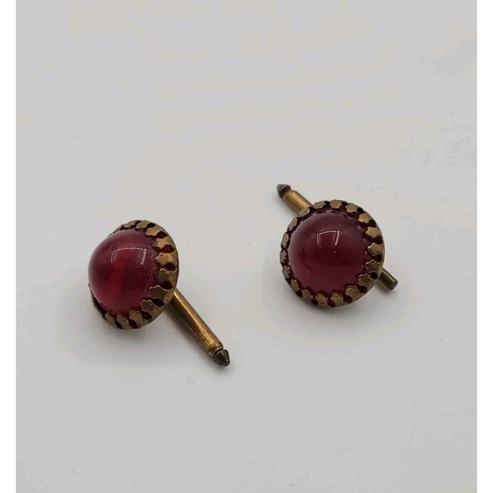 Vtg Red Glass Cufflinks, Domed Cabochon, Torpedo Toggle, Victorian Brass